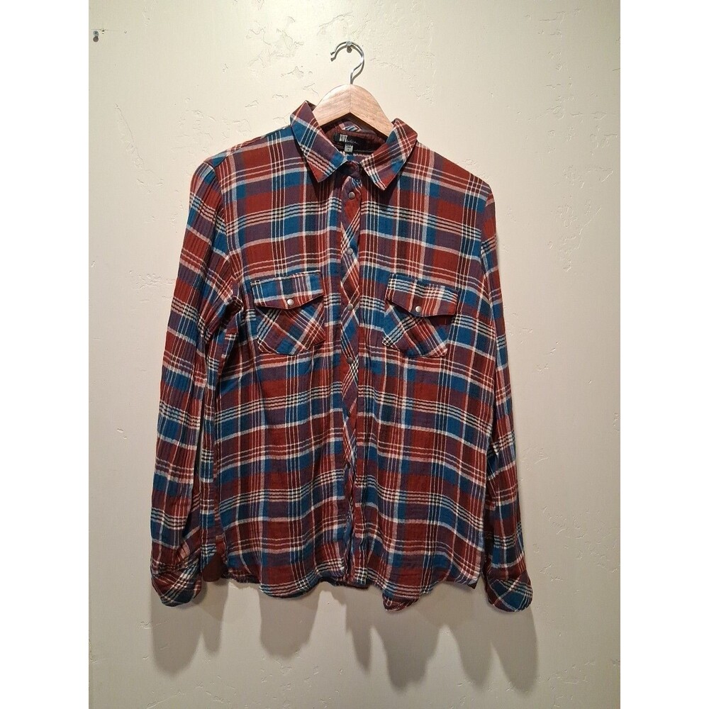 KUT From The Cloth Long Sleeve Plaid Flannel Gauze Burgundy Blue, Shirt Sz S